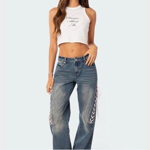 Edikted Blue Straight Leg Jeans with Lace Detail